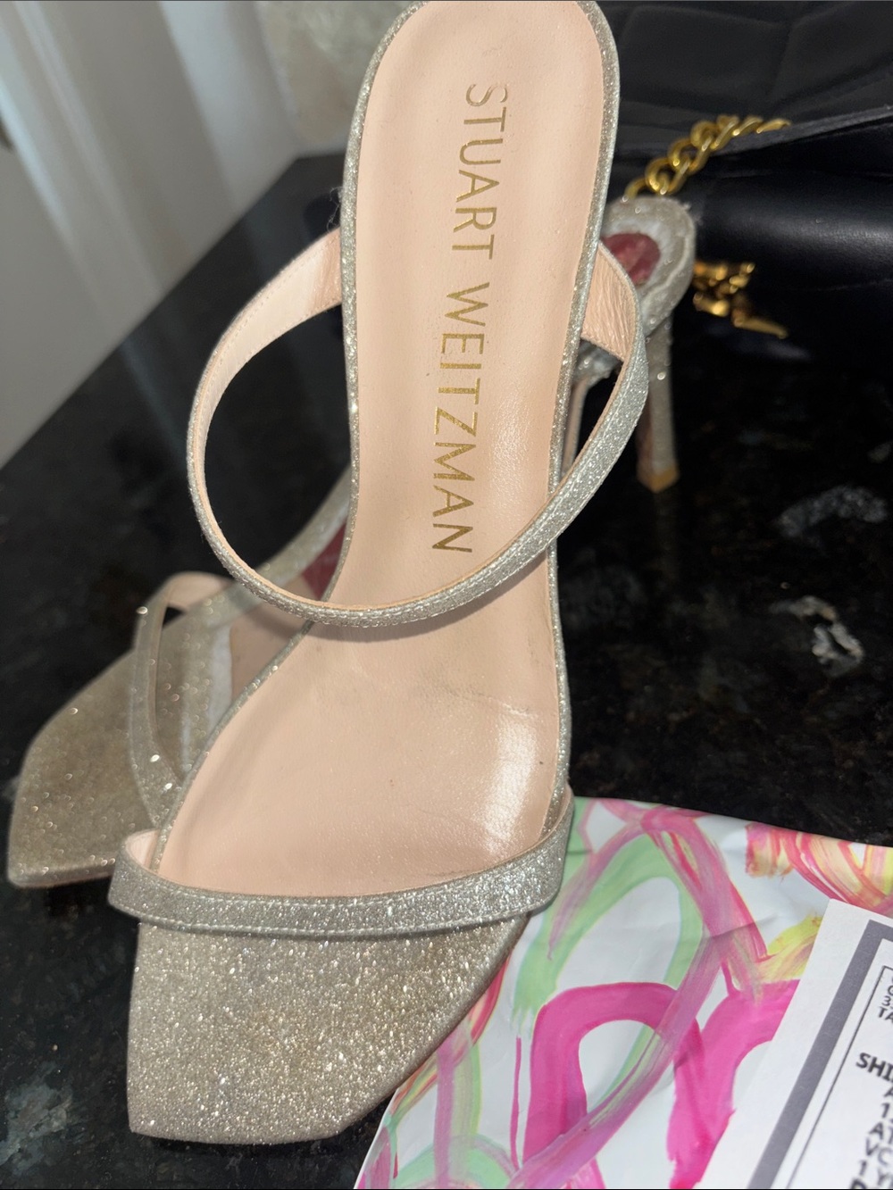 Authentic Stuart Weitzman Glitter Open-Toe High Heel Sandals — Champagne